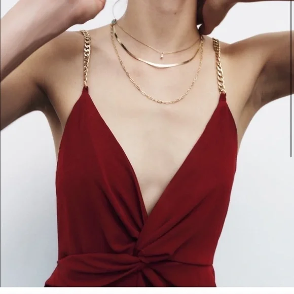 Zara Chain Strap Knotted Jumpsuit in Burgundy Size Medium - Picture 1 of 8